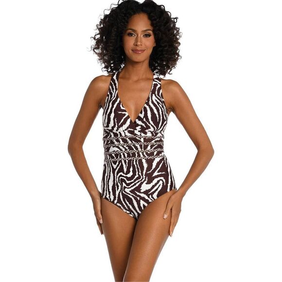 LA BLANCA ISLAND GODDESS CUT OUT ZEBRA PRINT ONE PIECE BATHING SUIT NWT SZ 8 - Picture 1 of 9